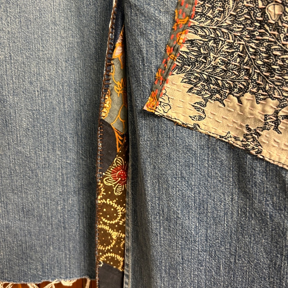 Remade denim maxi skirt with hand with hand embroidery and hand mended patches. - Picture 6 of 7